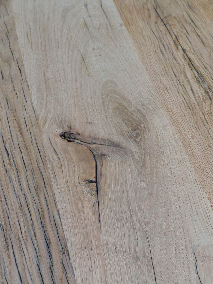 Industrial table solid oak tray and cast-iron footing