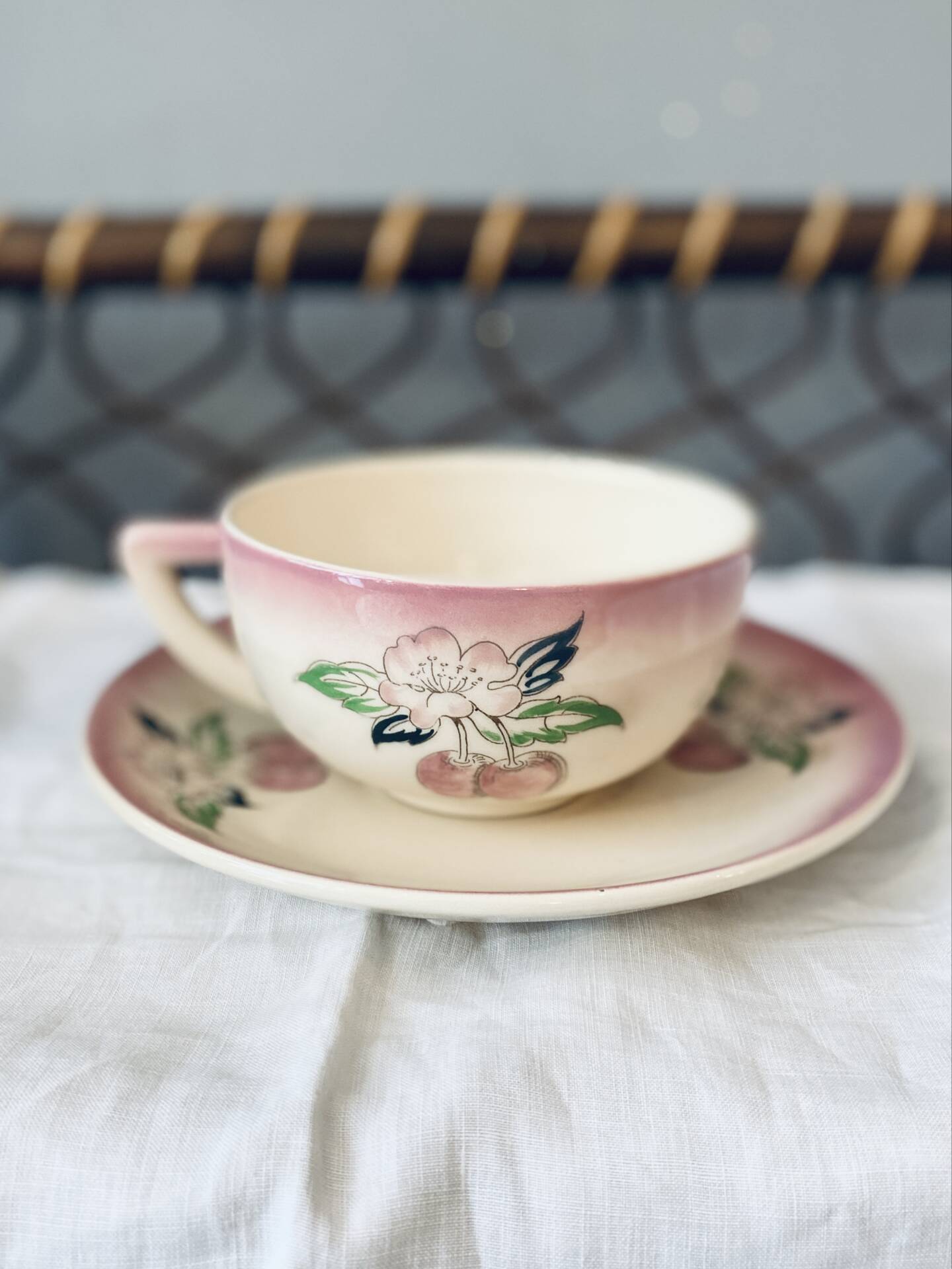 Two breakfast cups Longwy cherry design