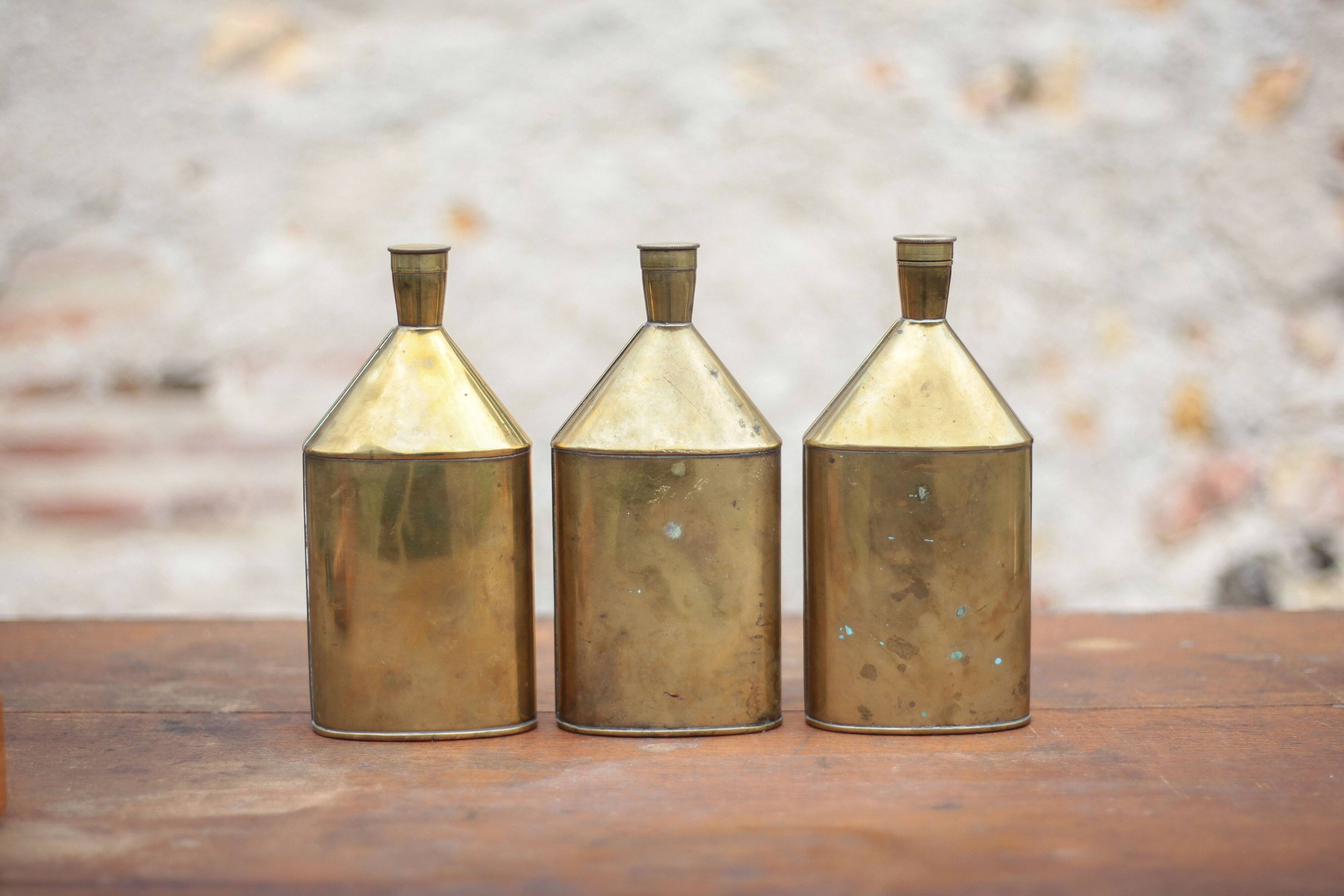 Lot de 3 bouteilles laiton vintage, gourde laiton, récipient laiton
