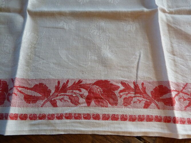 Nappe ancienne  en lin damassé blanc et rouge monogramme brodé & 11 serviettes assorties