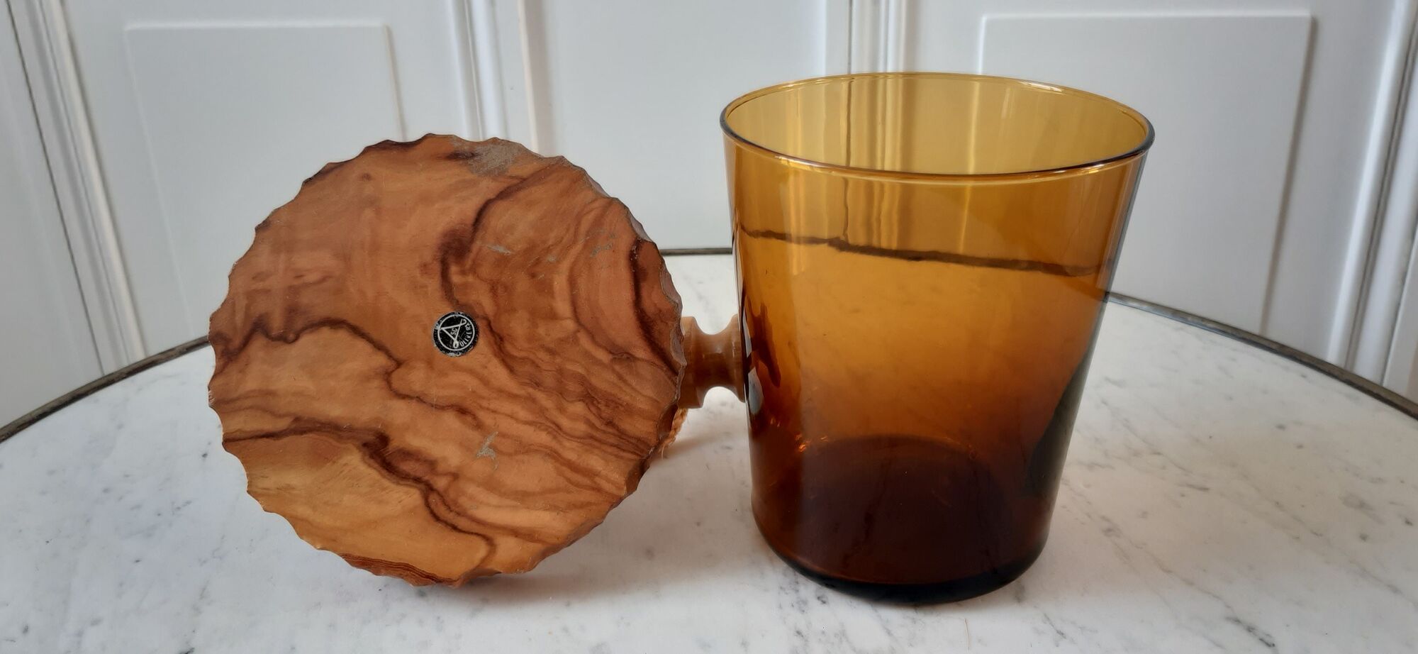 Amber glass and olive wood ice bucket / vintage rope 70s