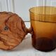 Amber glass and olive wood ice bucket / vintage rope 70s