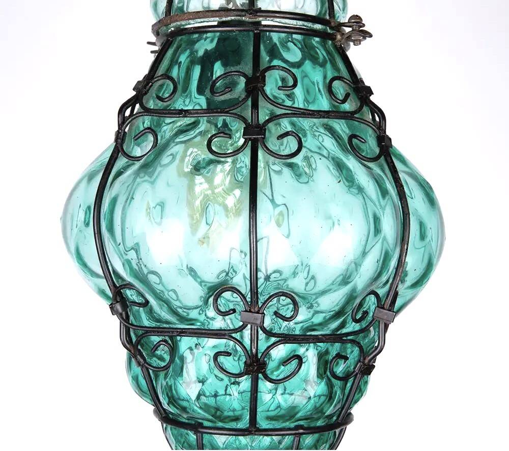 Green Seguso Murano Caged Glass Lantern, Italy, 1940s