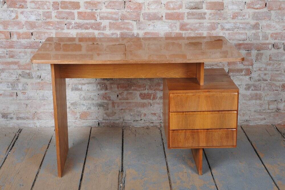 Mid-Century Walnut and Oak Writing Desk from B. Landsman, Czech, 1950s