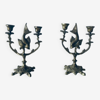 Pair of bronze carp candlesticks