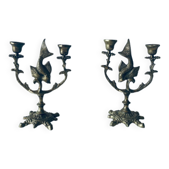 Pair of bronze carp candlesticks