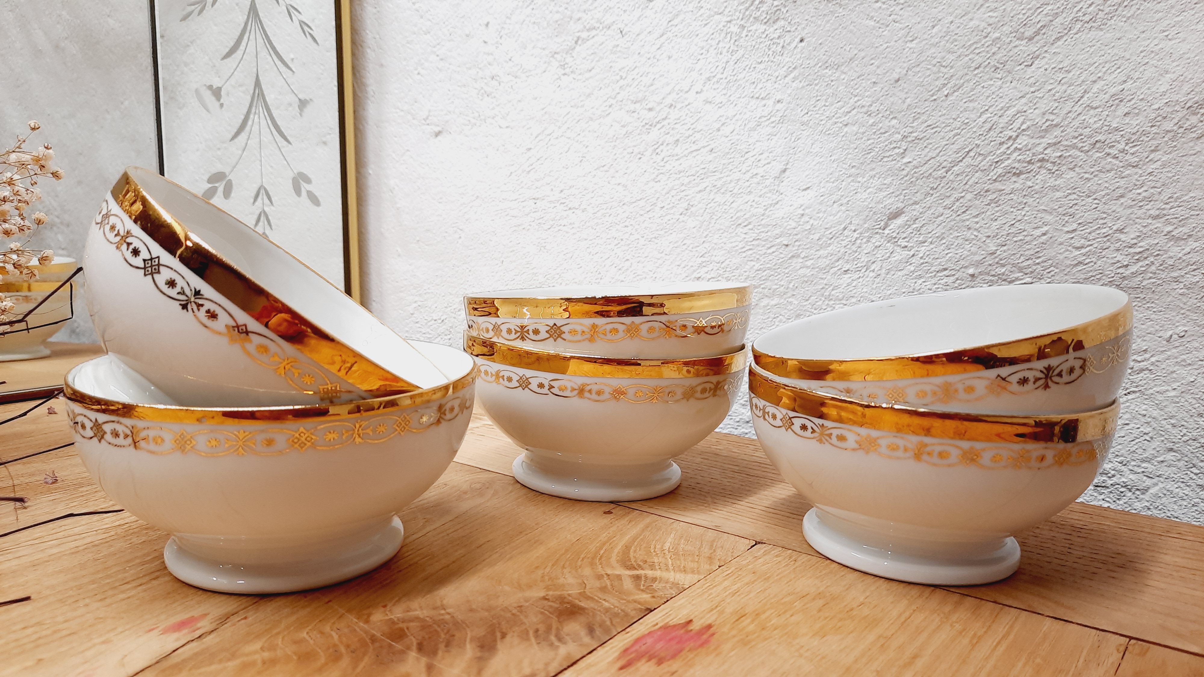Set 6 bols Limoges blanc et or