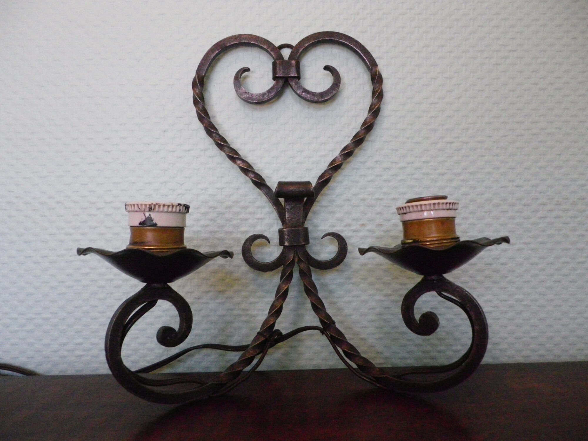 Real wrought iron wall sconce assembled and uns welded, porcelain and brass sleeves -1930/40