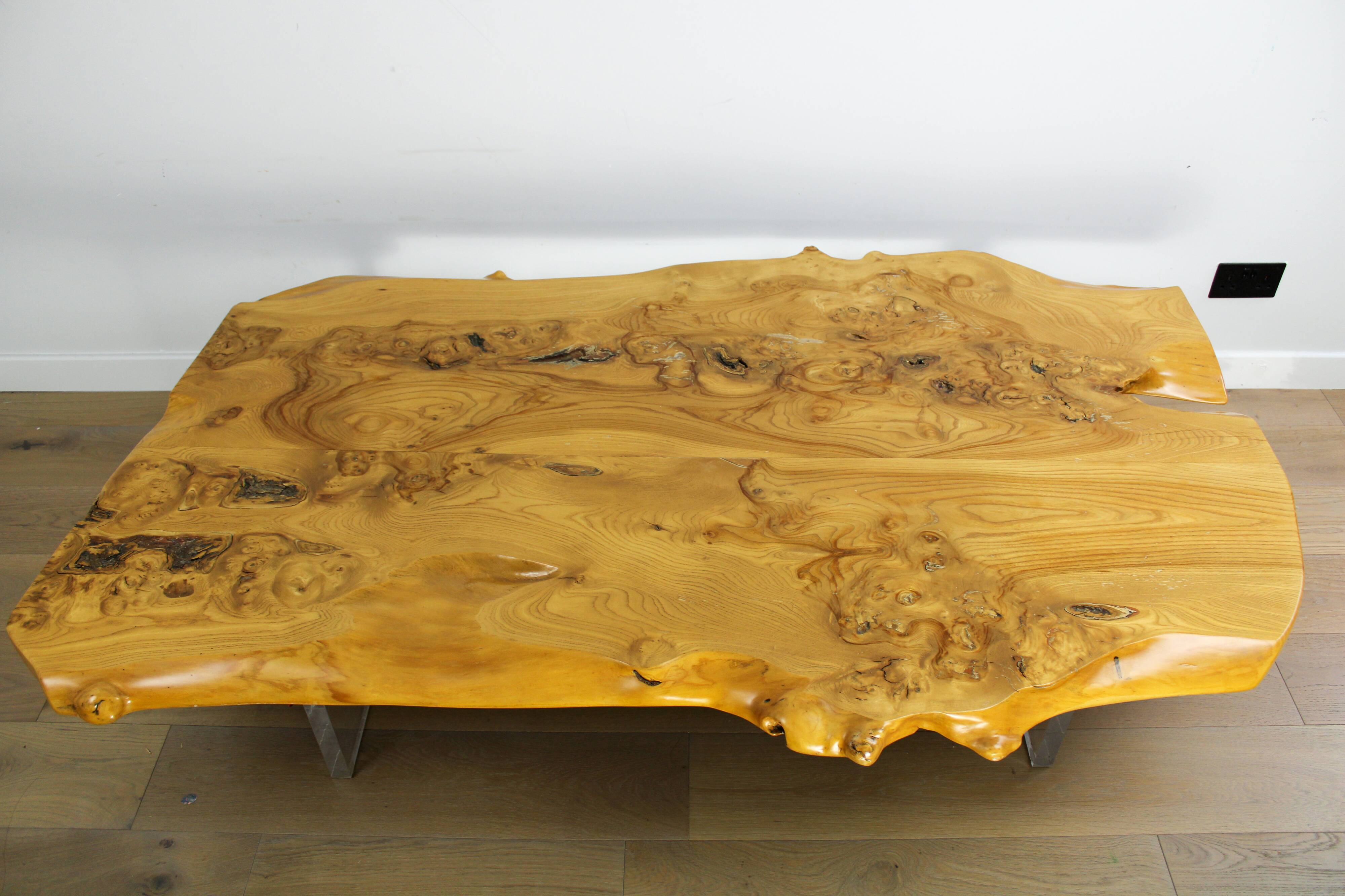 'Floating' mid-century Italian burr elm coffee table on Lucite blocks