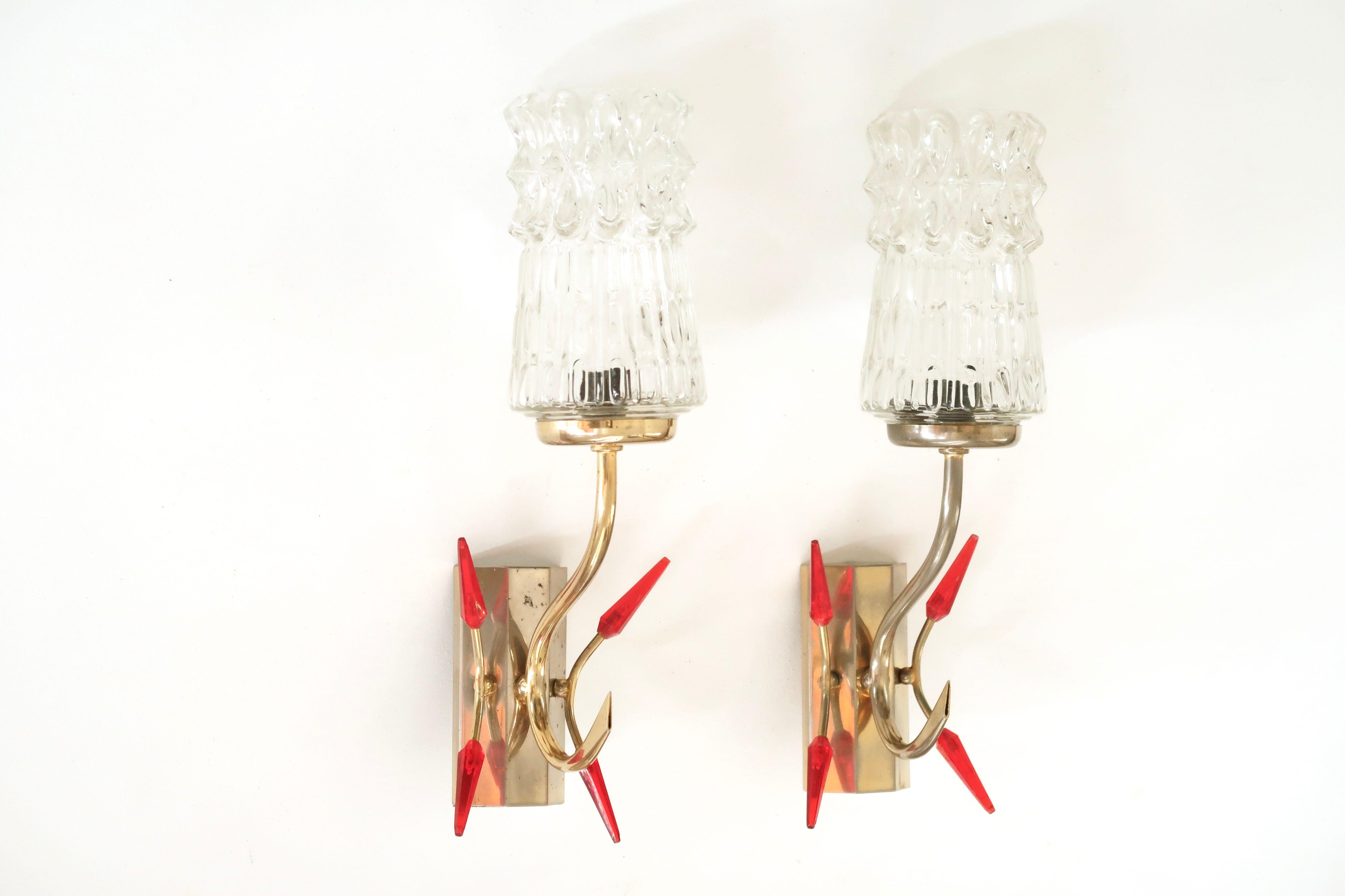 Pair of gold metal and glass sconces, 50s