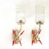 Pair of gold metal and glass sconces, 50s