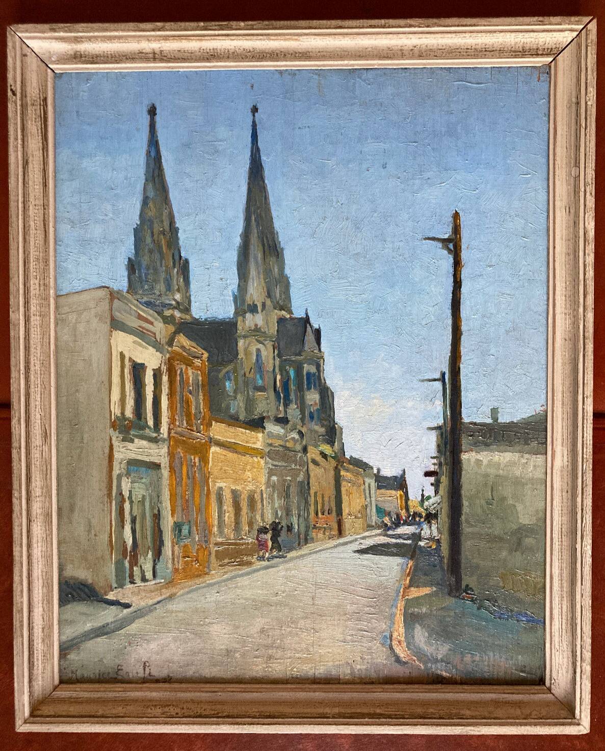 Old painting - A couple rue de l'église - Village of France - 1933