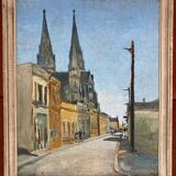 Old painting - A couple rue de l'église - Village of France - 1933