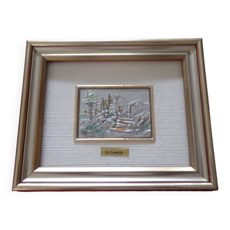 Small art chromolithograph painting Maison La Scaletta on silver leaf