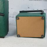 Pair of armrest heaters. Steel and green imitation leather. France, circa 1980