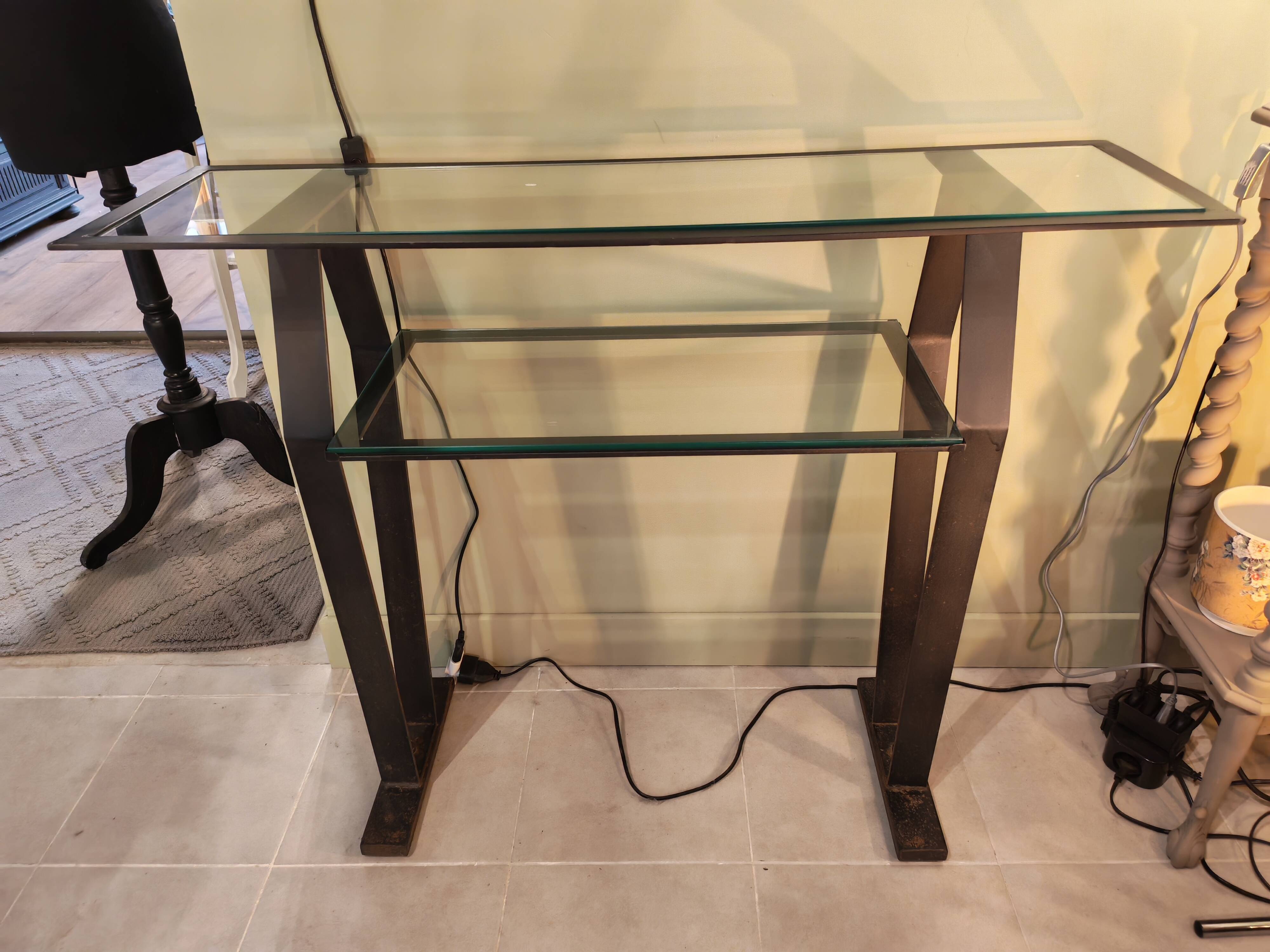 Vintage metal and glass console