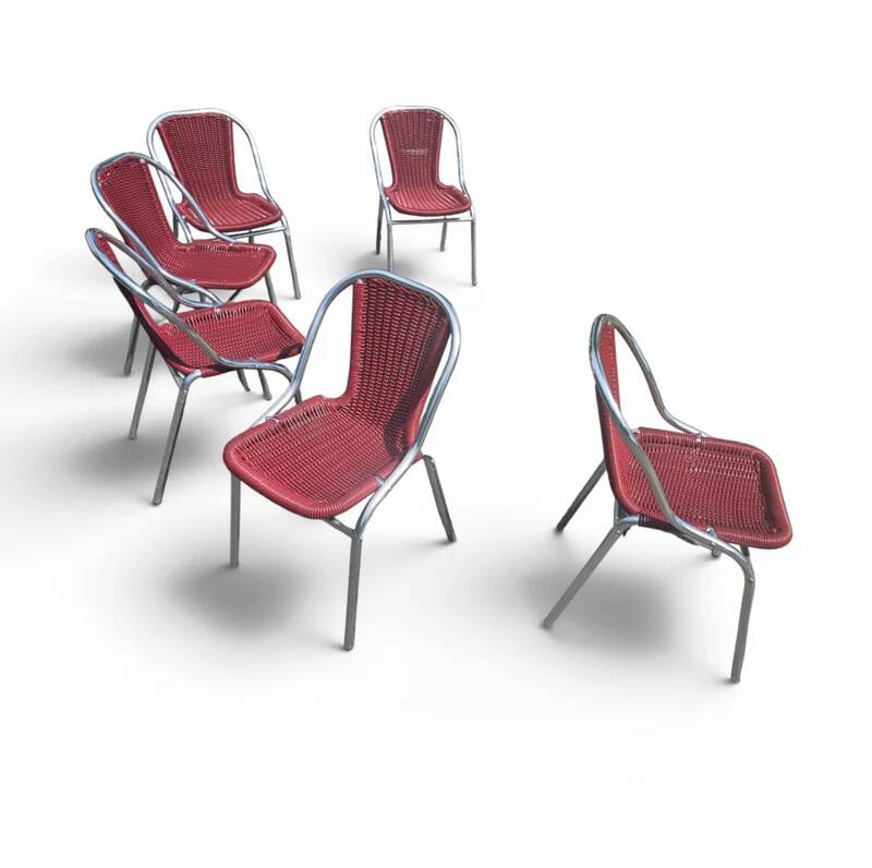 6 x red aluminium indoor/outdoor chair with synthetic weave (wicker/rattan look) 1980s