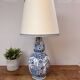 Blue and white Delft ceramic table lamp decorated with birds and flowers.