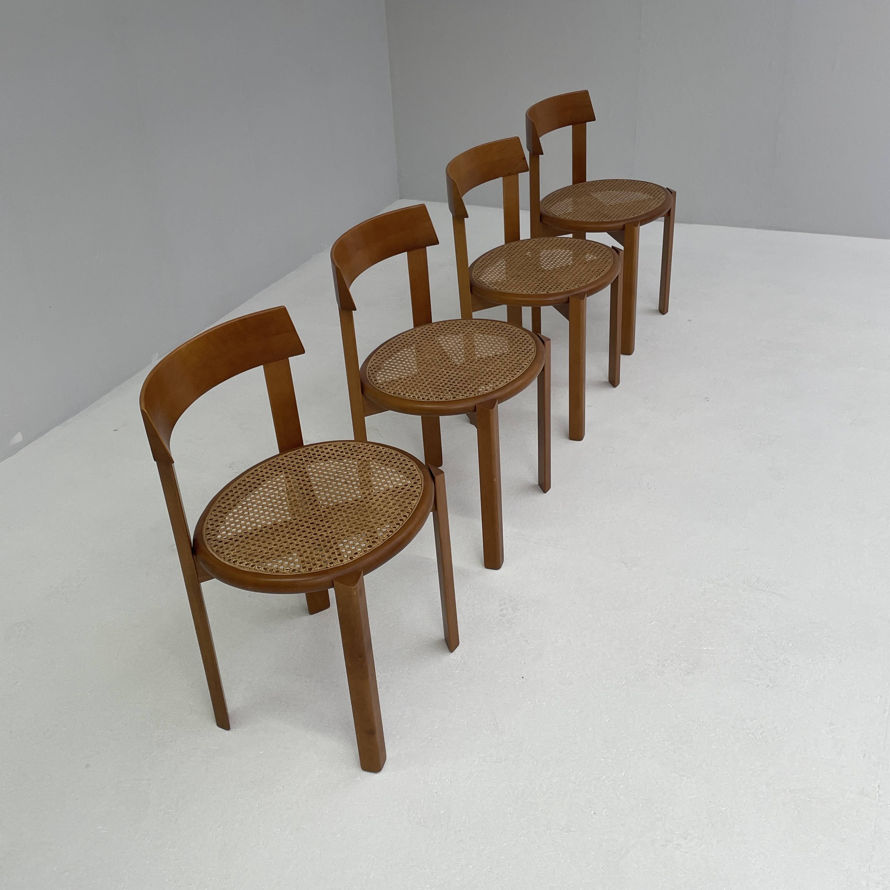 4 Italian wooden dining chairs with rattan seating