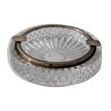 Vintage crystal glass ashtray from the 1920s, silver-edged with a textured pattern, Art Deco table decoration.