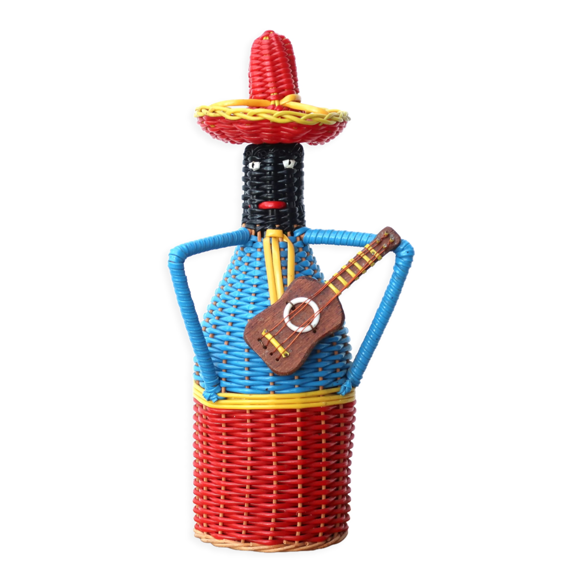 Bottle covered with scoubidou, musician, 60s