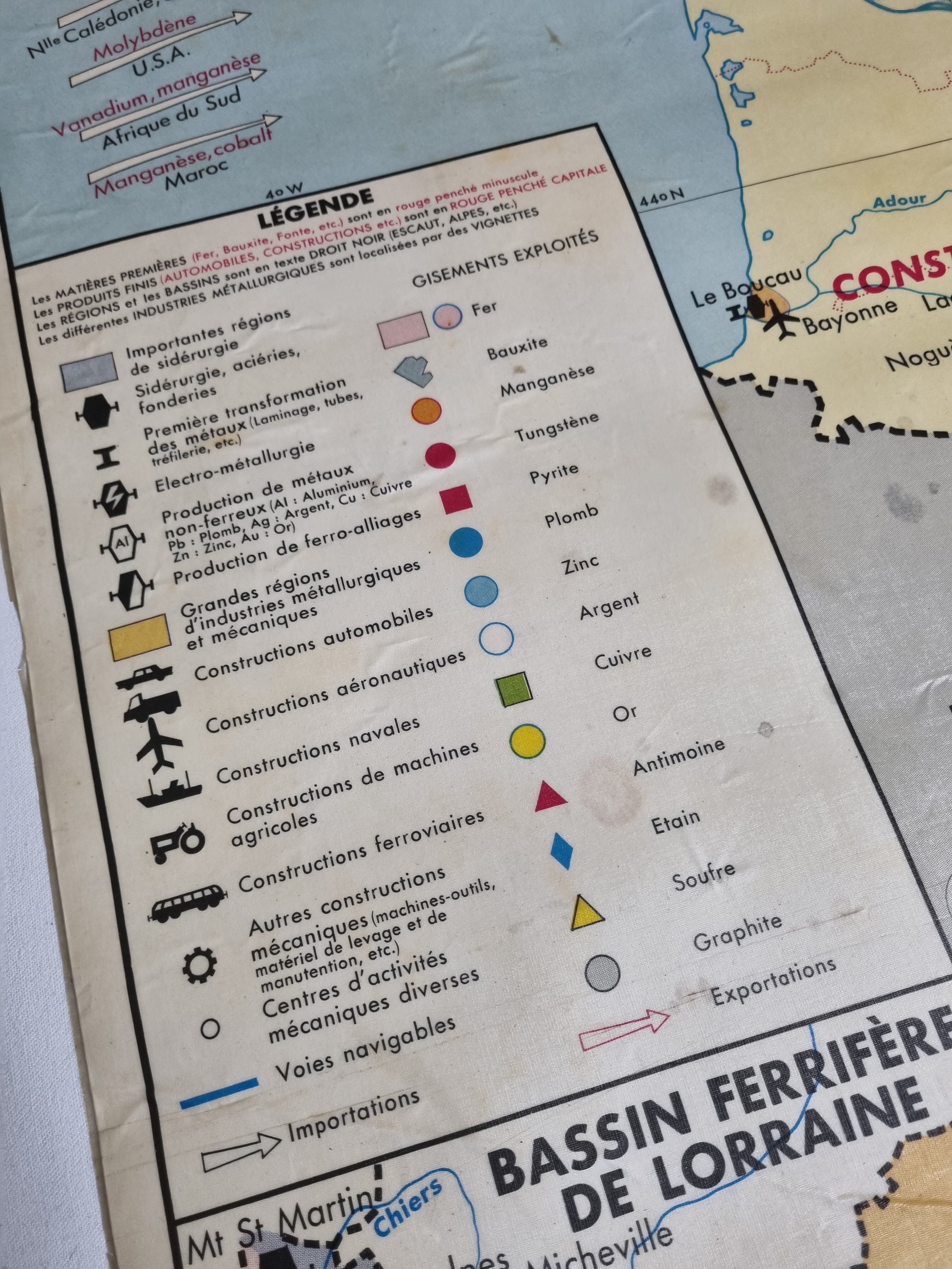 Carte de France pédagogique réversible, MDI, 1968, "Industries métallurgiques", "Sources d'énergie"