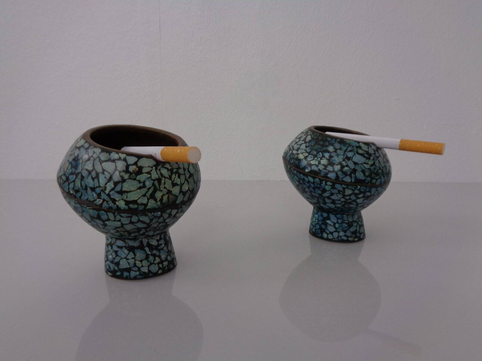 Vintage Indian Copper & Turquoise Stone Ashtrays, 1960s, Set of 2