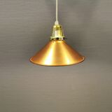 Copper hanging lamp with brass colored top and white inside lacquer.
