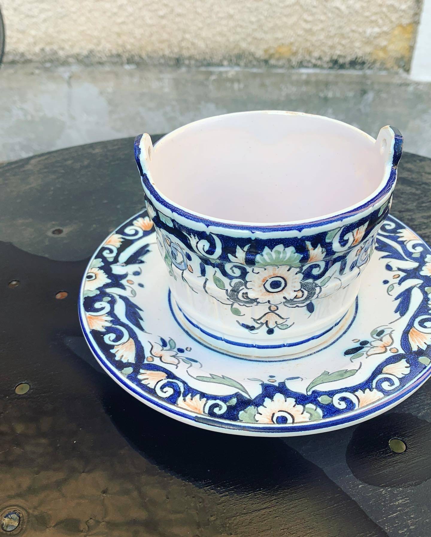 Butter dish, sauce pot in Old Rouen earthenware, handmade, made in France, floral pattern, vintage