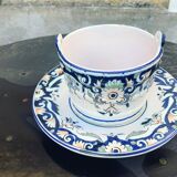 Beurrier, sauciere en faience Vieux Rouen, fait main, made in france, motif floral, vintage