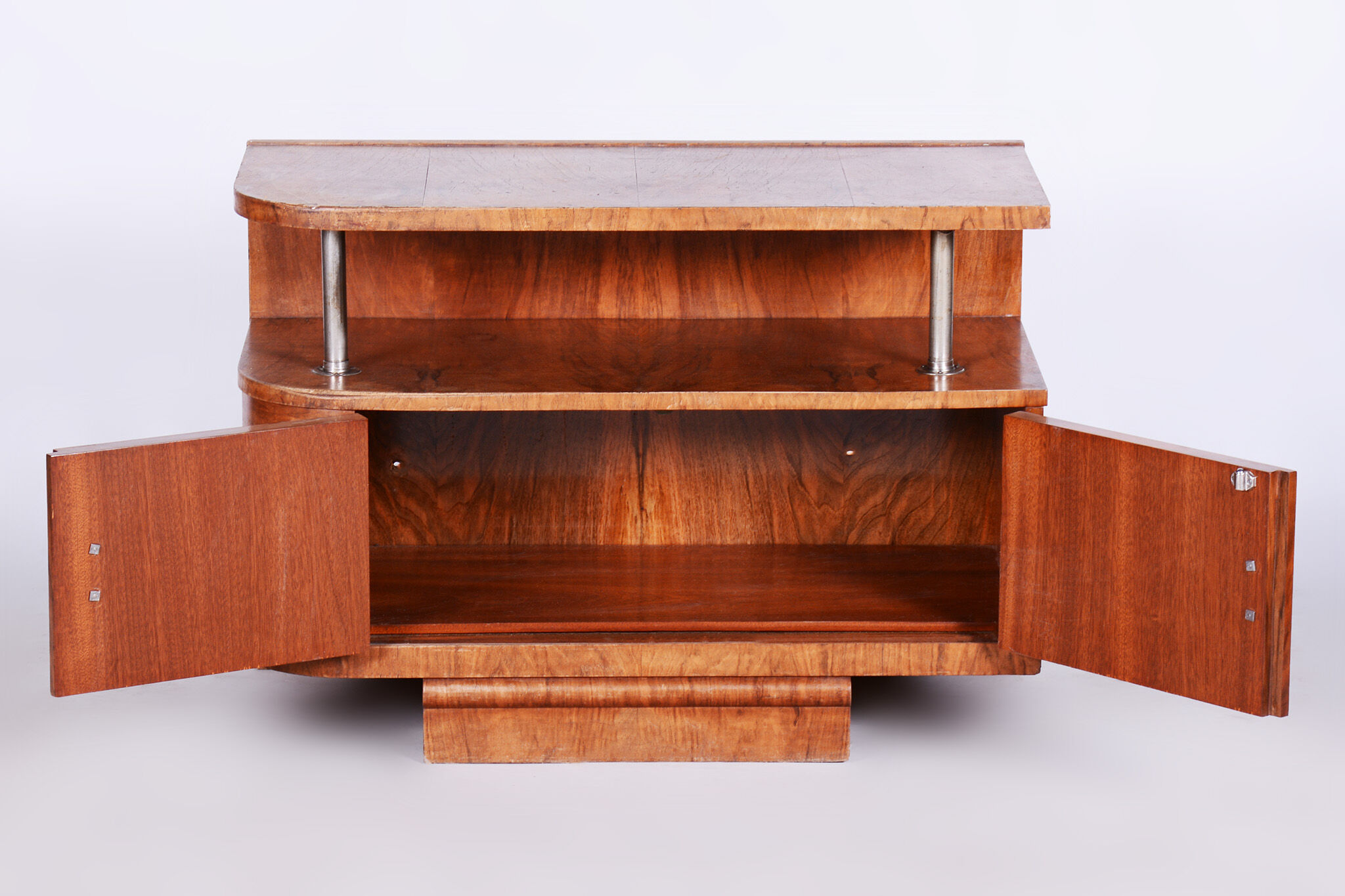 Restored walnut artdeco small cabinet, chrome-plated steel, czechia, 1930s