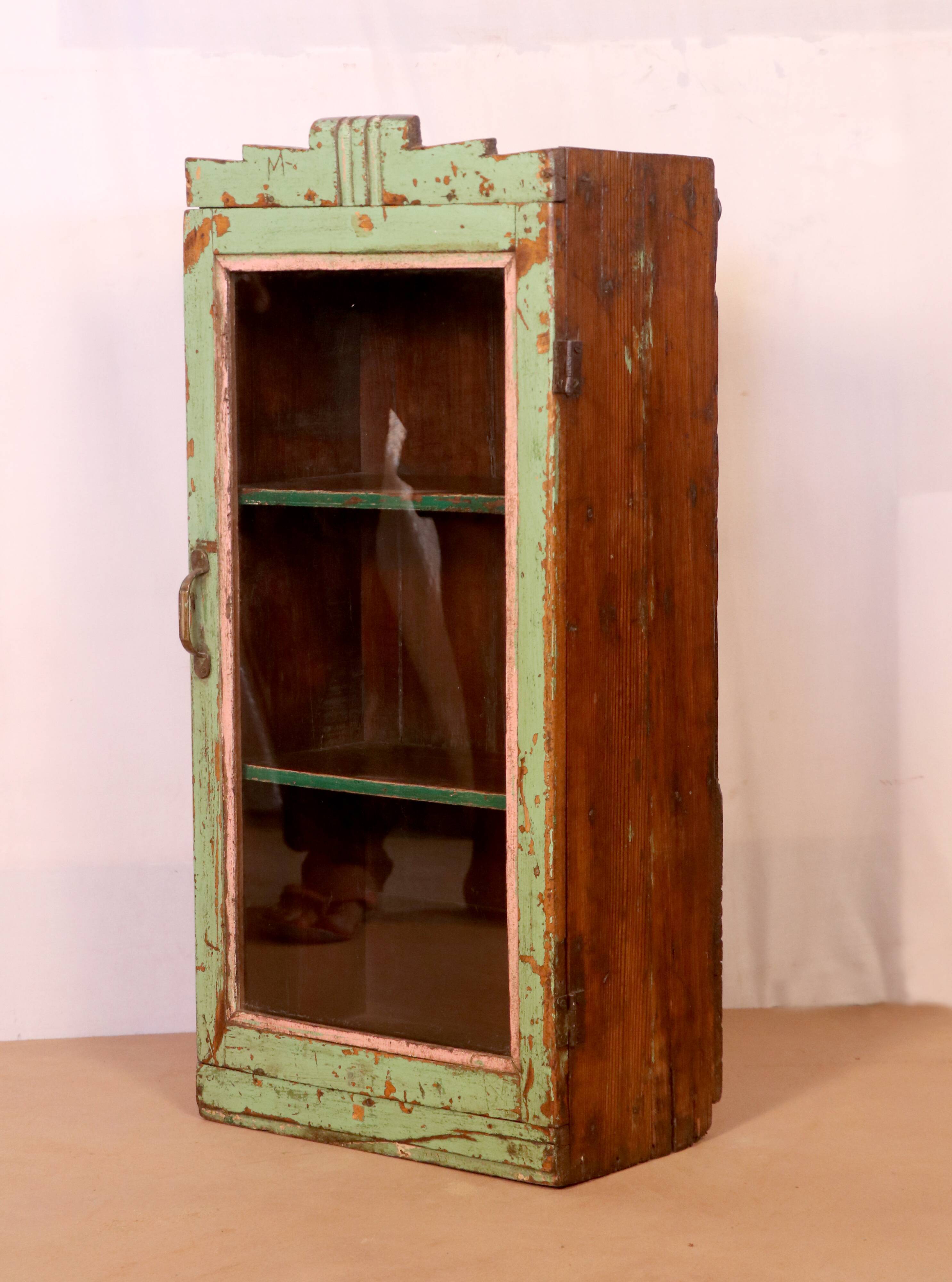 old Art Deco wall display case in original green teak