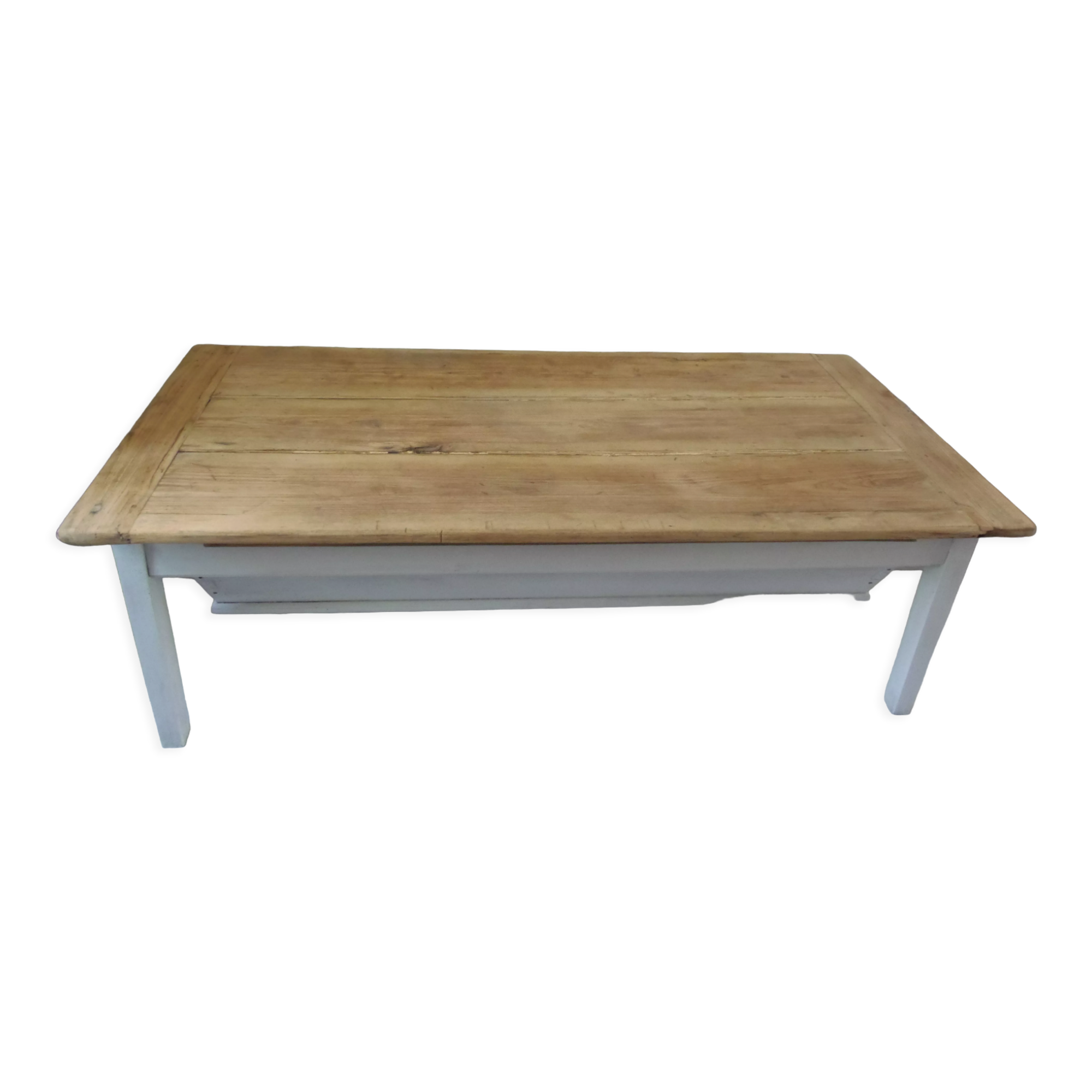 Coffee table made from an authentic farmhouse table, leg patinated pearl gray