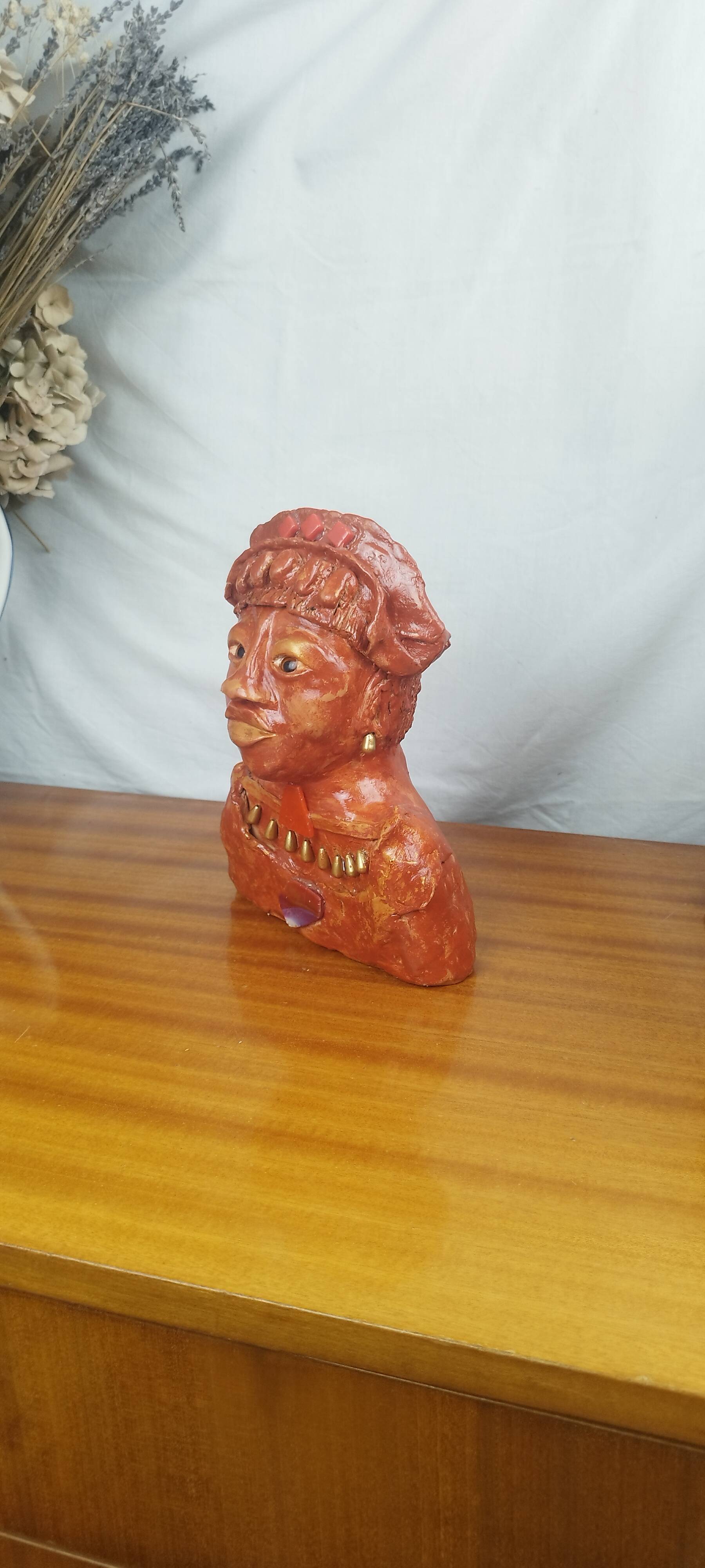 African Woman Bust In Clay, Vintage Modern Figurative Art