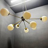 Post-Modern Sputnik Chandelier in Brass and Opaline Glass, Italy, 1980
