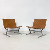 Mid-Century Pair of Lounge Chairs by Ross Littell for ICF, Cognac Leather, Italy, 1970s