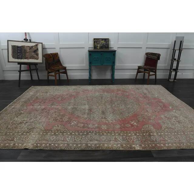 1970s Vintage Persian Handmade Wool Cotton Pink Area Rug 243x353