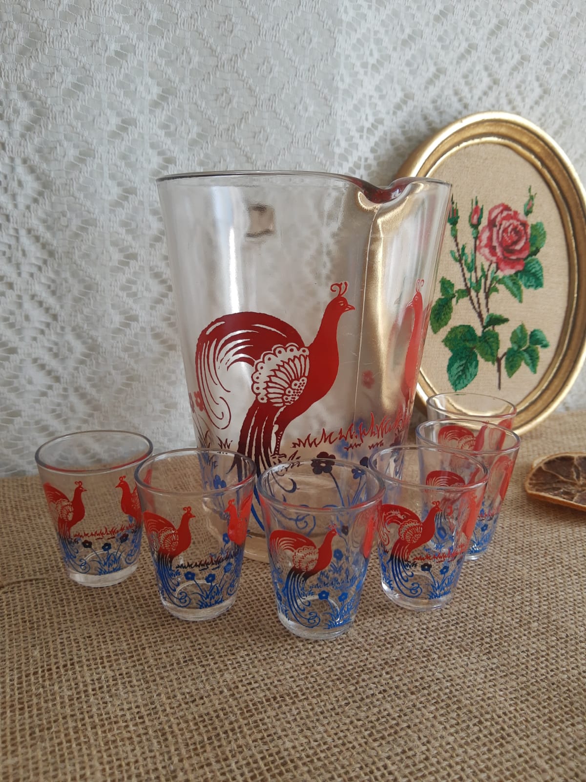 Pitcher and 6 vintage peacock liqueur glasses