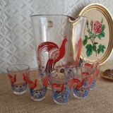 Pitcher and 6 vintage peacock liqueur glasses