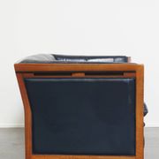 2.5-Seater Art Deco Sofa with Woodwork and Dark Blue Cowhide Leather