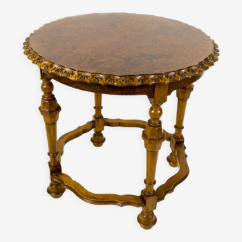 French round side table in burr walnut, 1920s