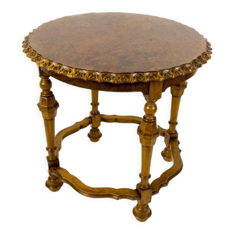 Table d’appoint ronde française en noyer de Burr, années 1920