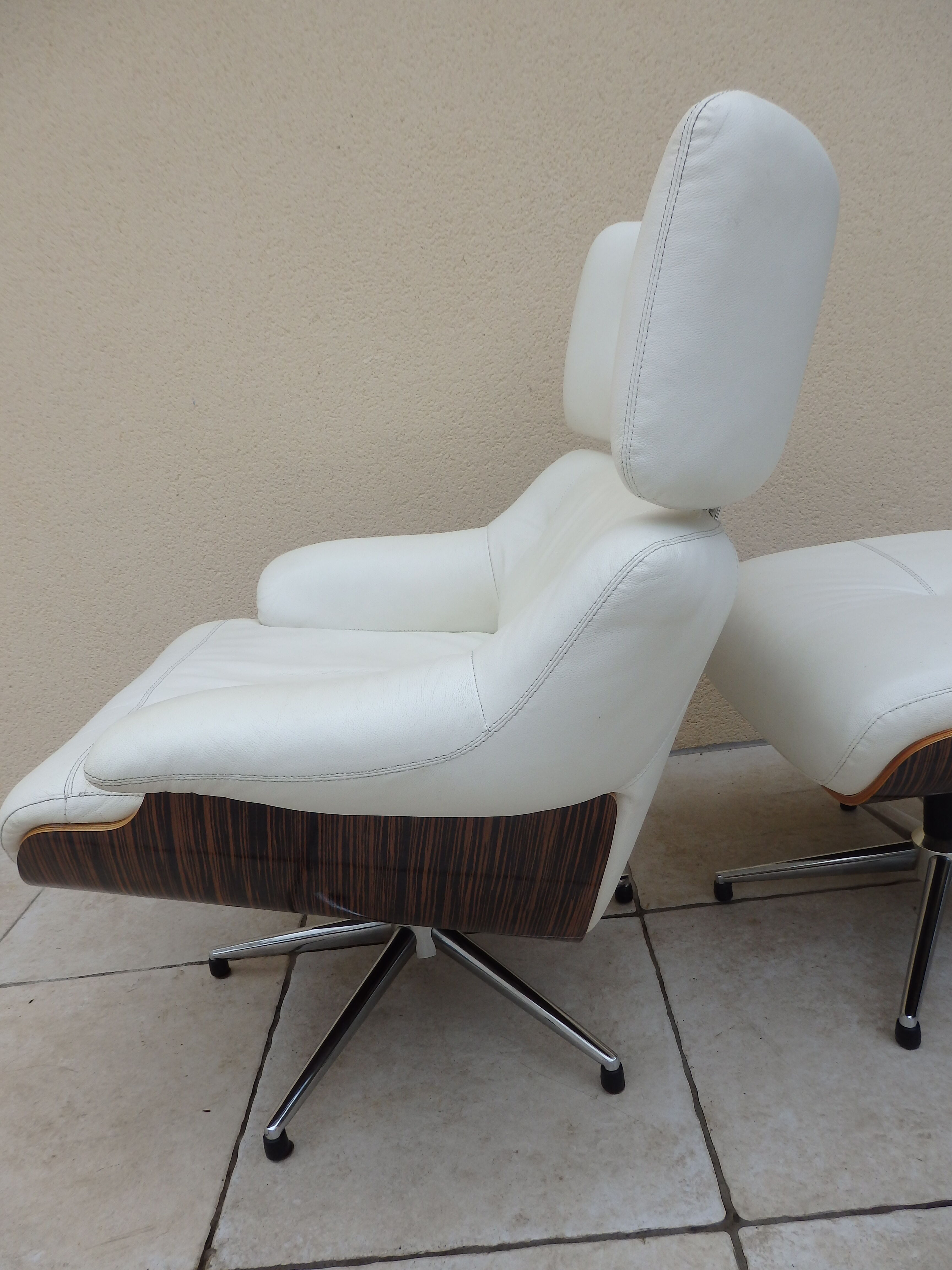 Armchair relax lounge and ottoman leather white rosewood