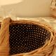 Small vintage wicker basket with navy blue lining and white polka dots - Cottage core