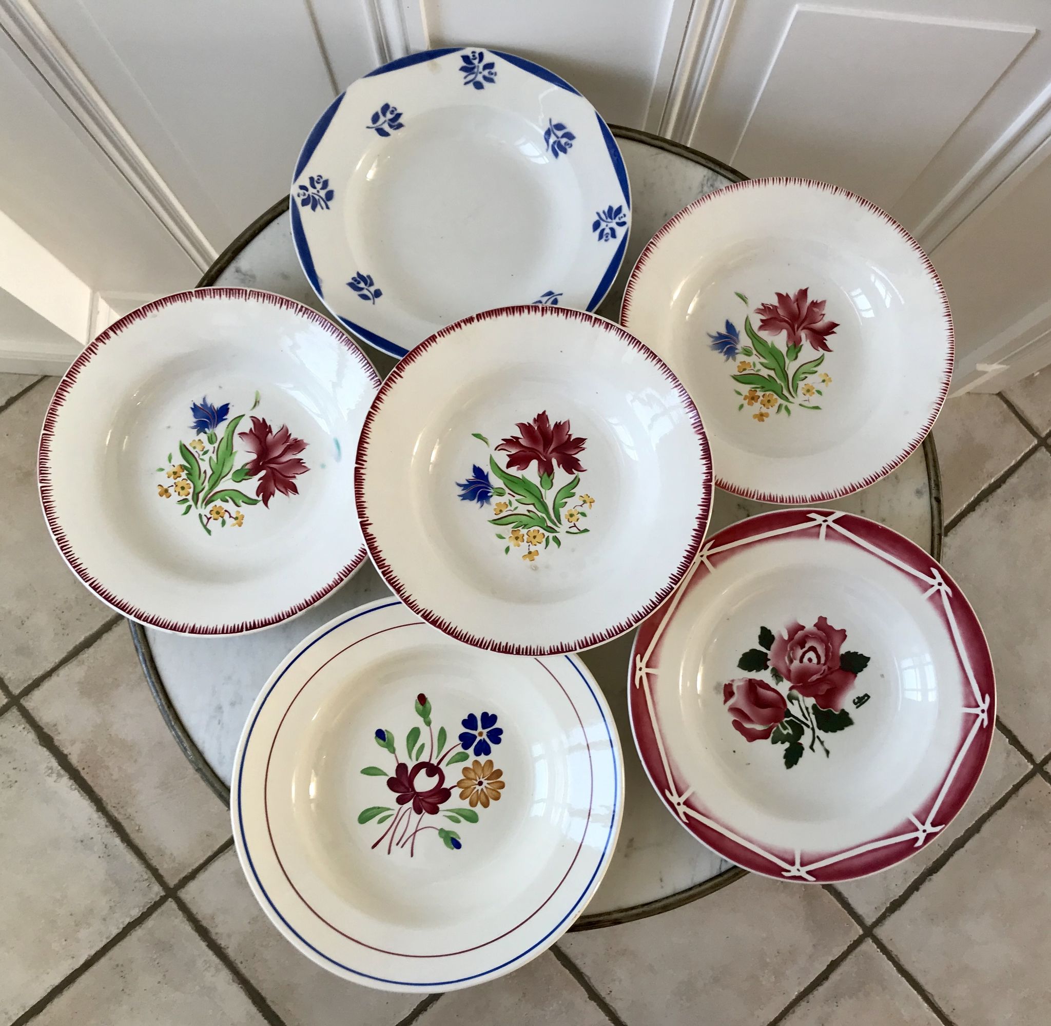 Set of 6 mismatched hollow plates Digoin Sarreguemines and Lunéville 40s