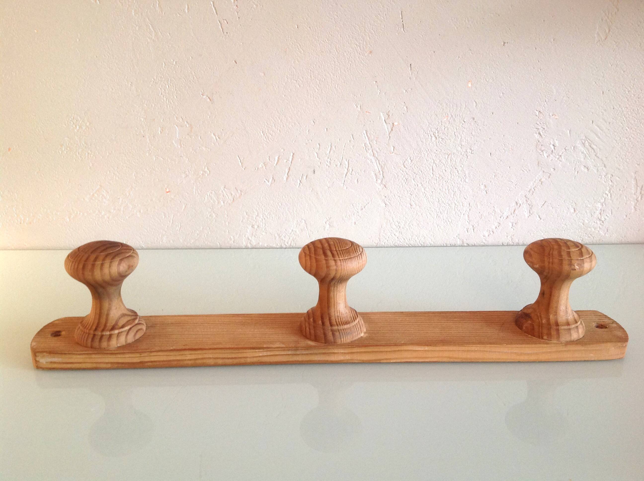 Vintage three-headed wooden coat rack from the 60s and 70s