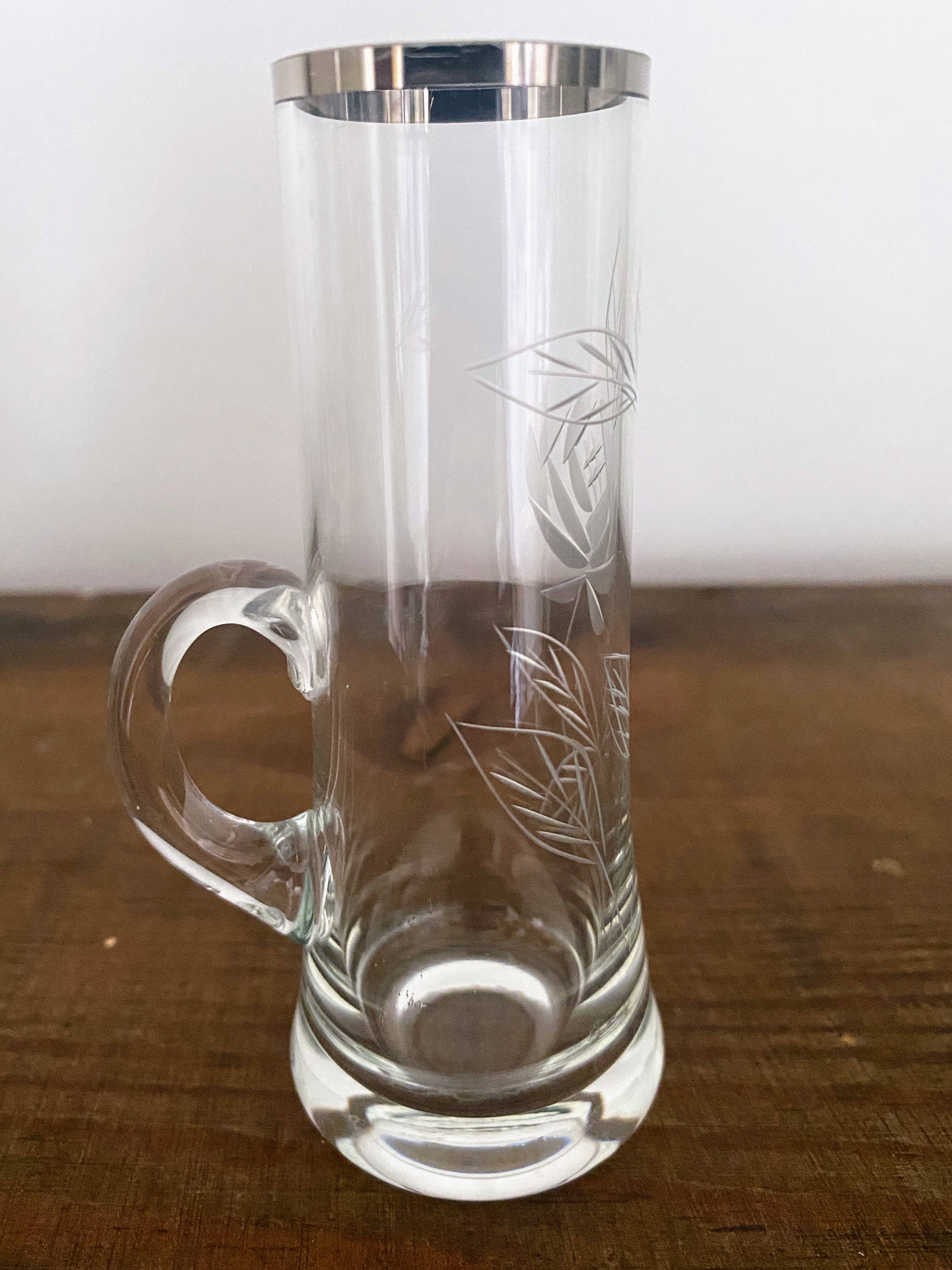 5 vintage shot, liqueur, digestive glasses, with transparent glass handle engraved with a rose