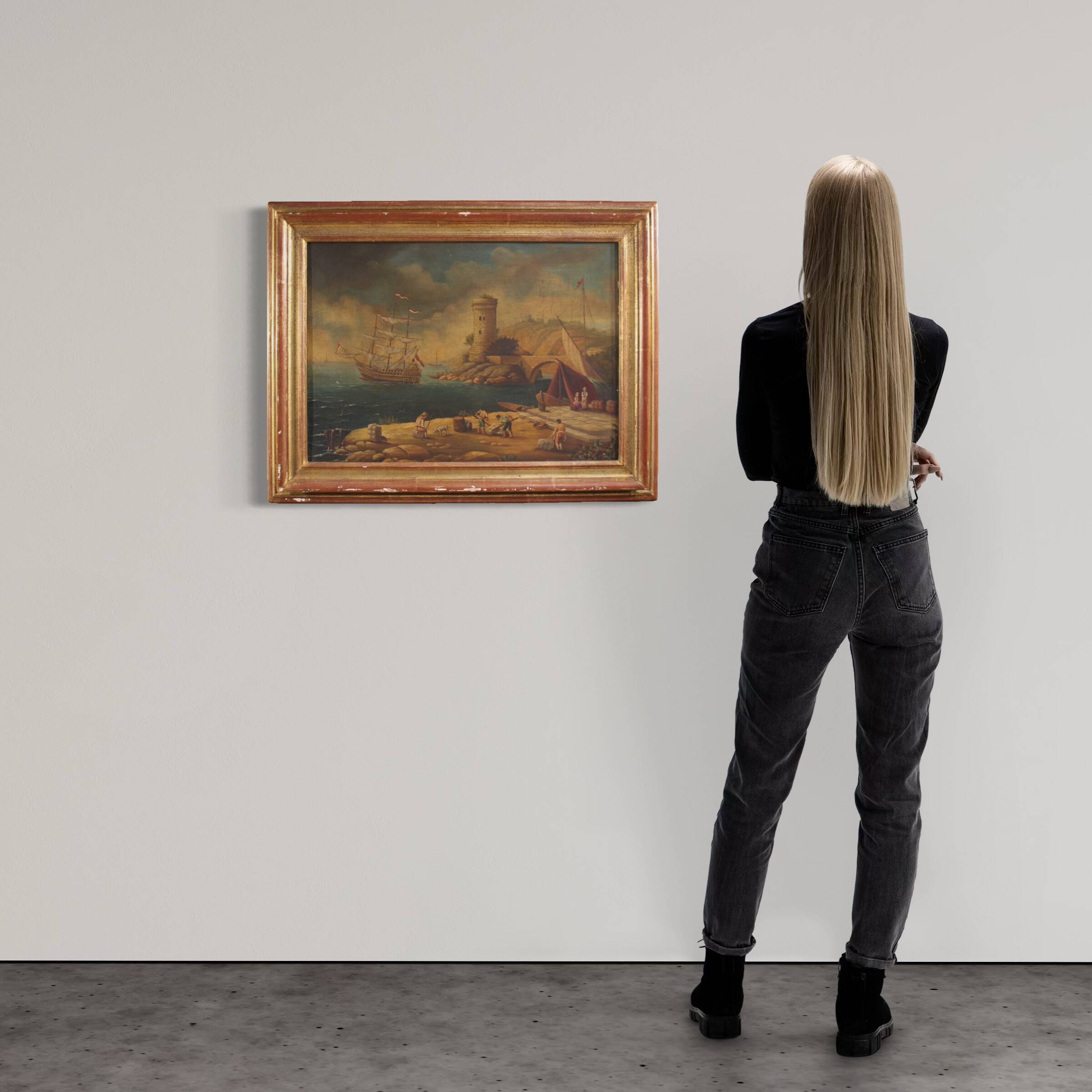 20th century Italian painting of a harbor view