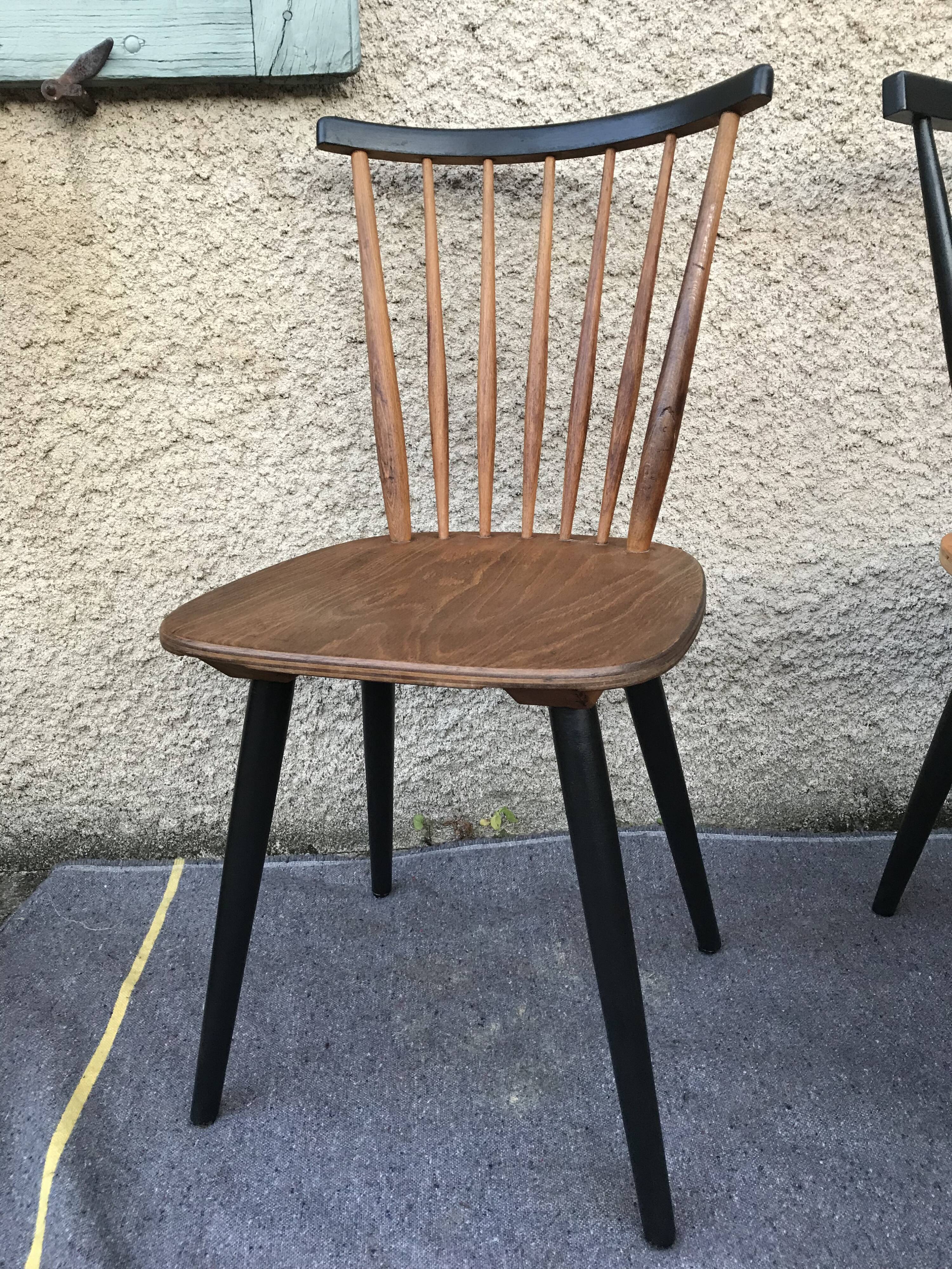 Set of 6 mismatched vintage chairs with bars and compass legs