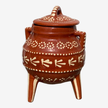 Sugar or candy box in vintage ceramic ethnic artisan tripod